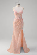 Sparkly Blush Mermaid Corset Sequined Prom Dress with Slit