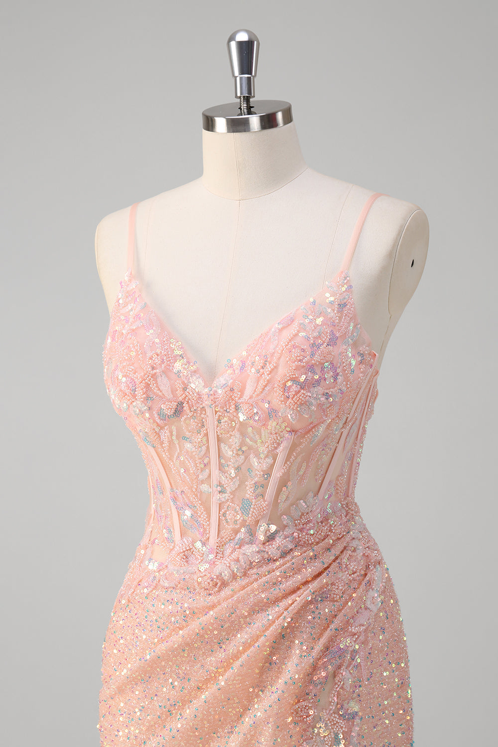 Sparkly Blush Mermaid Corset Sequined Prom Dress with Slit