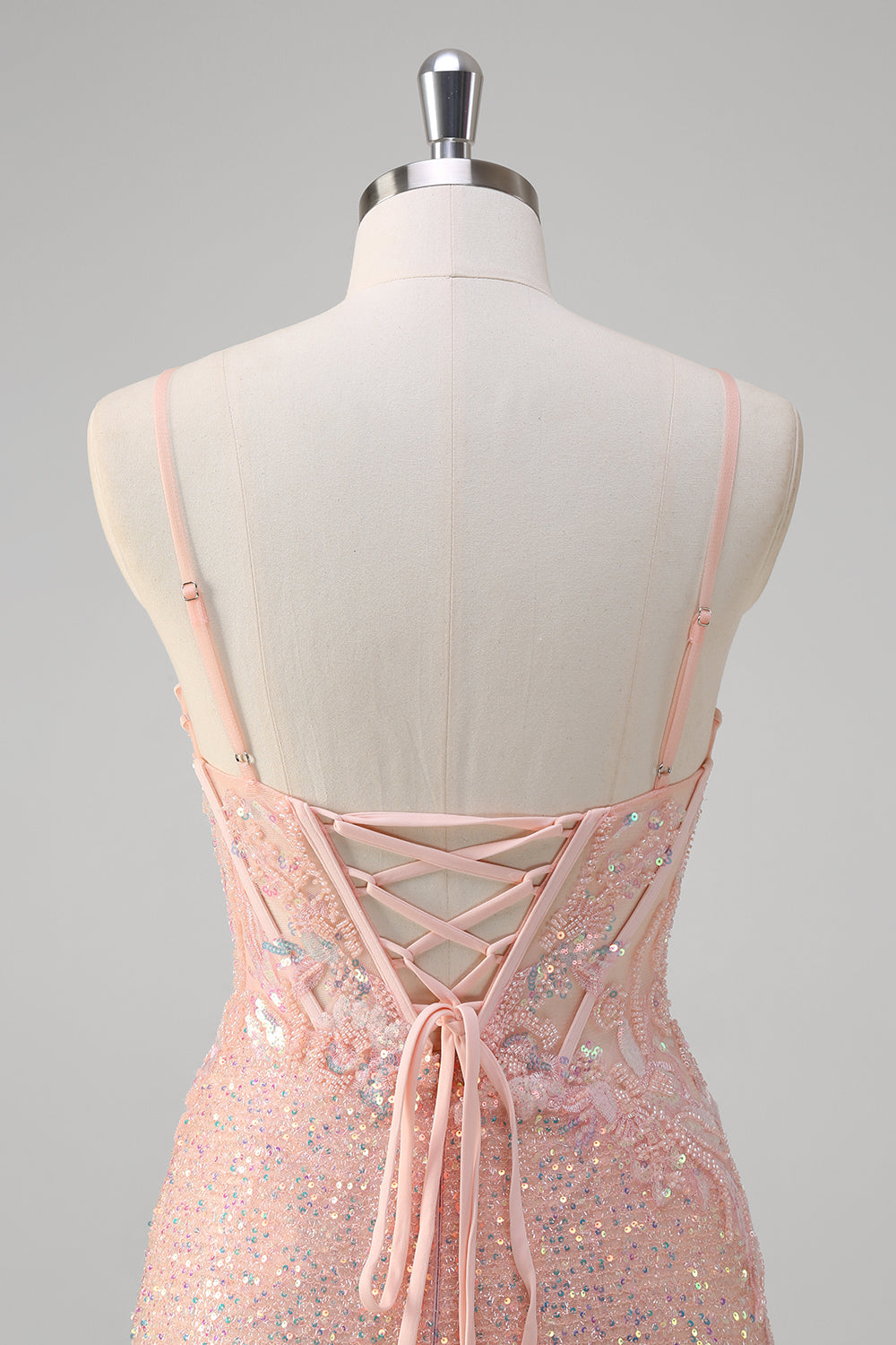 Sparkly Blush Mermaid Corset Sequined Prom Dress with Slit