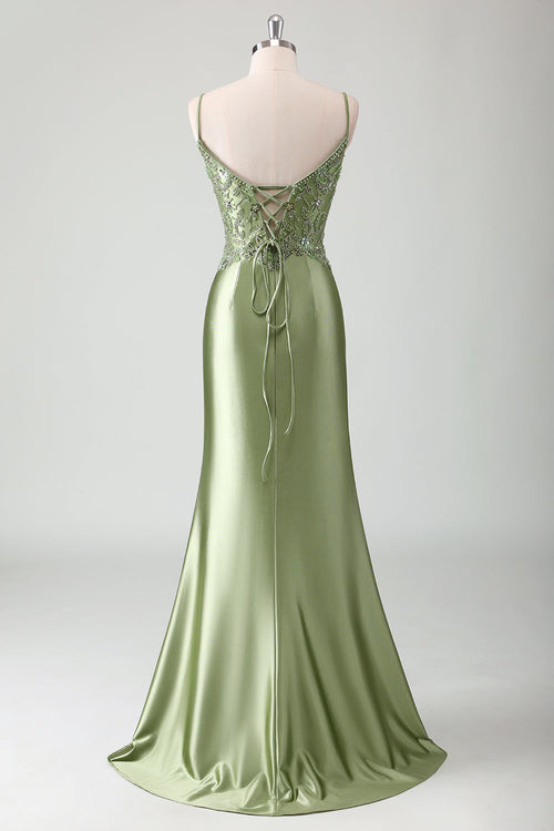Sage Sequined Satin Mermaid Prom Dress with Lace-up Back