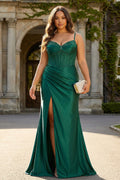 Dark Green Mermaid Beaded Satin Plus Size Corset Prom Dress