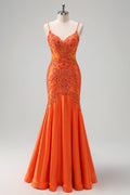 Sparkly Orange Beaded Corset Mermaid Prom Dress