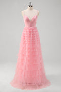 Pink Spaghetti Strpas Tiered Tulle A Line Prom Dress