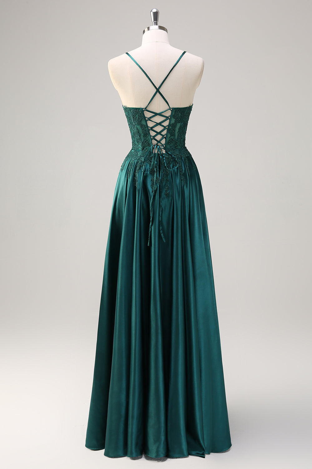 Dark Green Satin A Line Beaded Prom Dress with Appliques