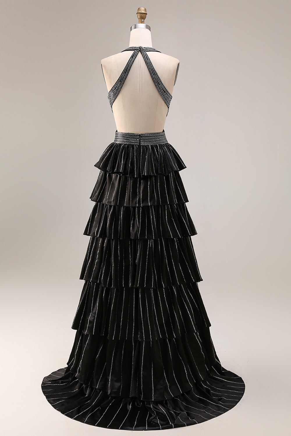 Black Beaded Halter Tiered Cut Out Prom Dress