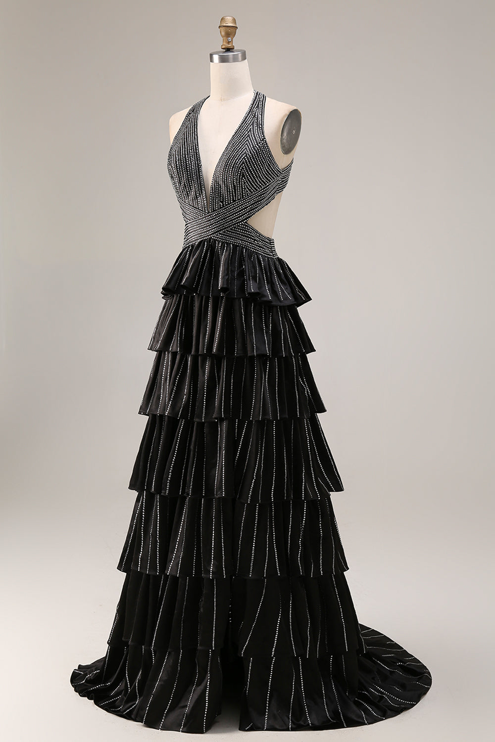 Black Beaded Halter Tiered Cut Out Prom Dress