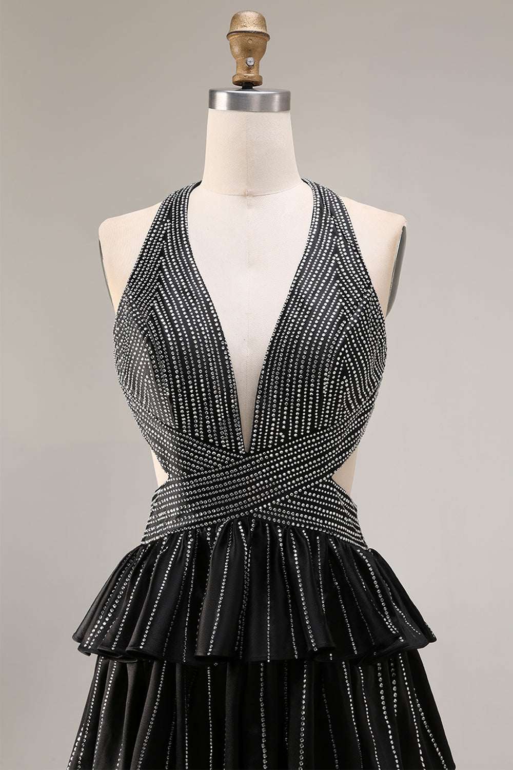 Black Beaded Halter Tiered Cut Out Prom Dress