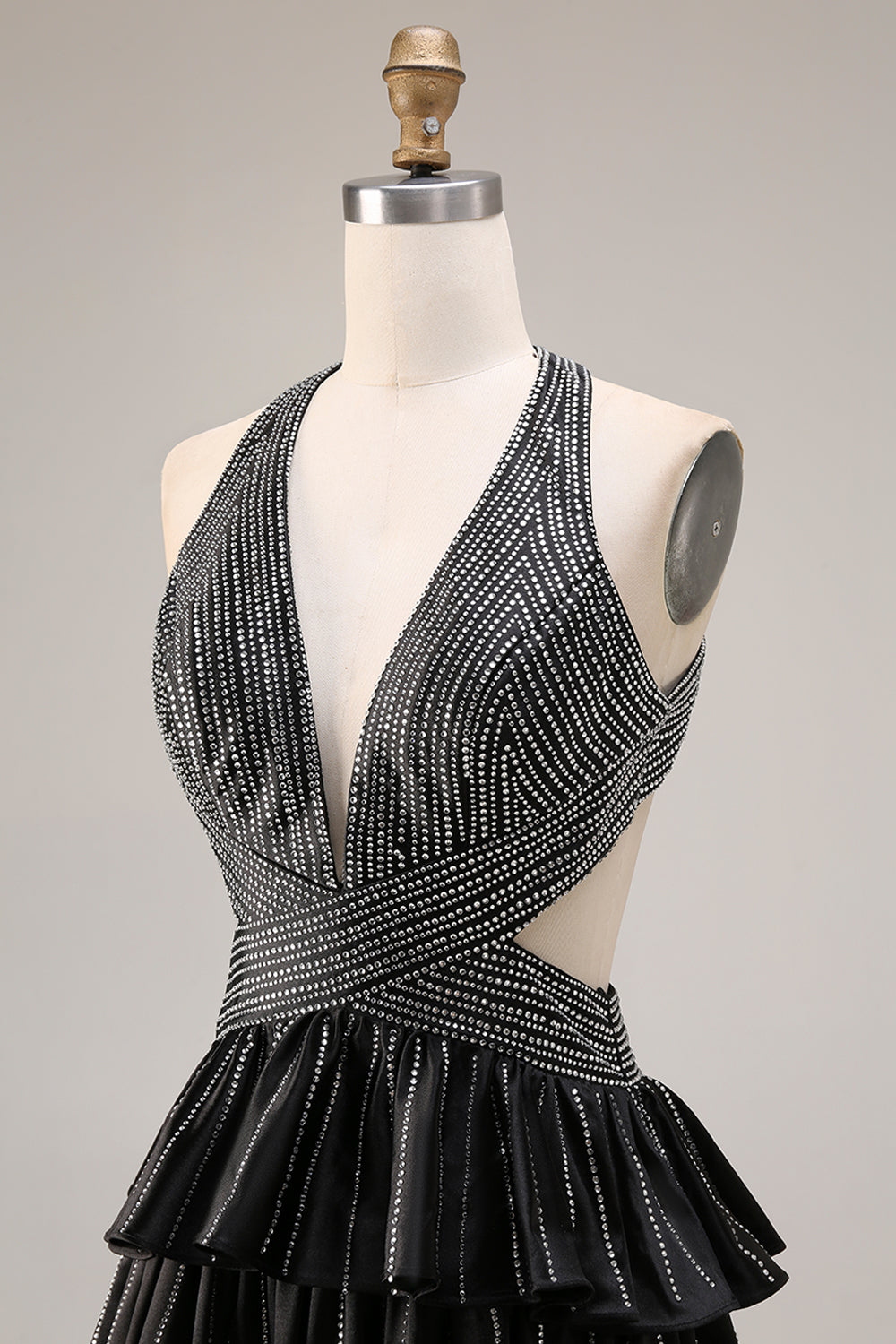 Black Beaded Halter Tiered Cut Out Prom Dress