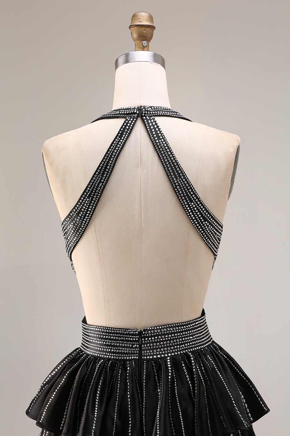 Black Beaded Halter Tiered Cut Out Prom Dress