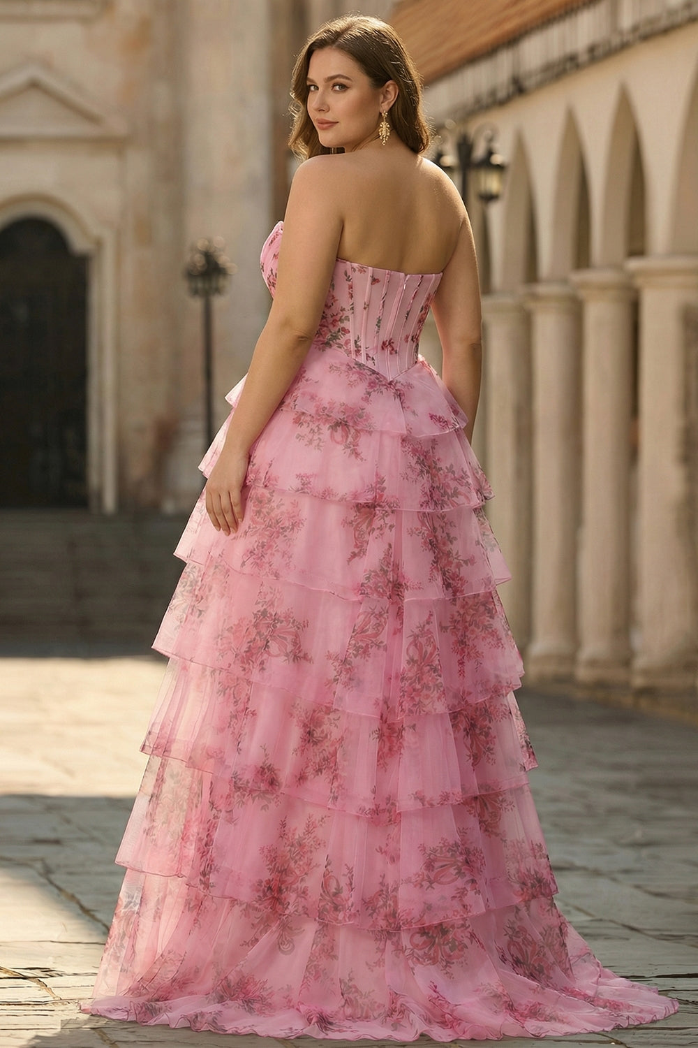 Strapless Blush Floral Corset Plus Size Tiered Prom Dress