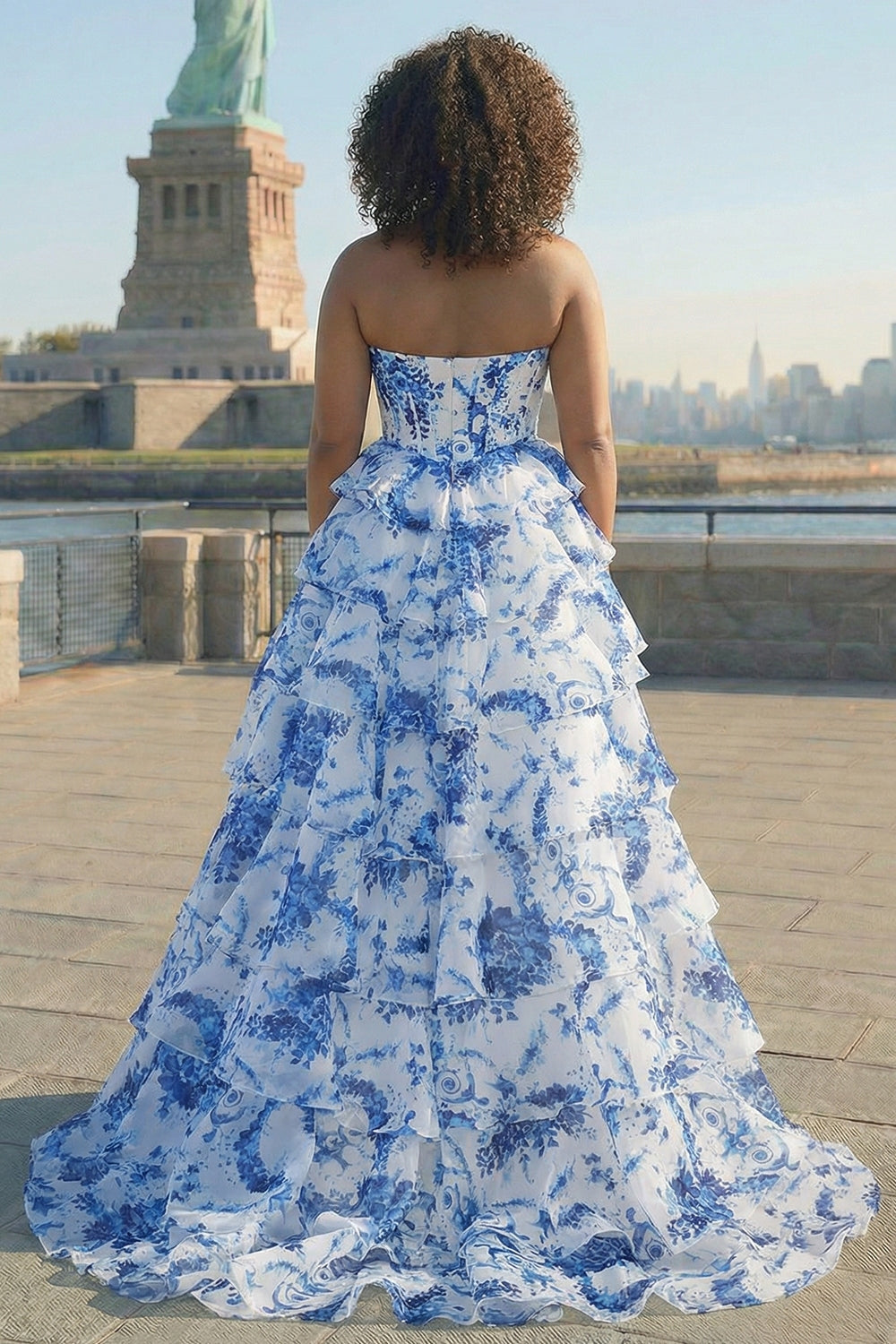 Strapless Blush Floral Corset Plus Size Tiered Prom Dress