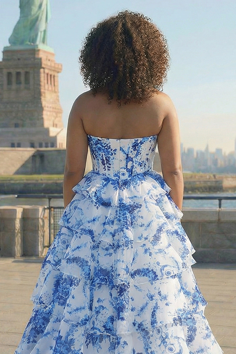 Strapless Blush Floral Corset Plus Size Tiered Prom Dress