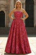 Fuchsia Floral Strapless A-Line Plus Size Maxi Prom Dress