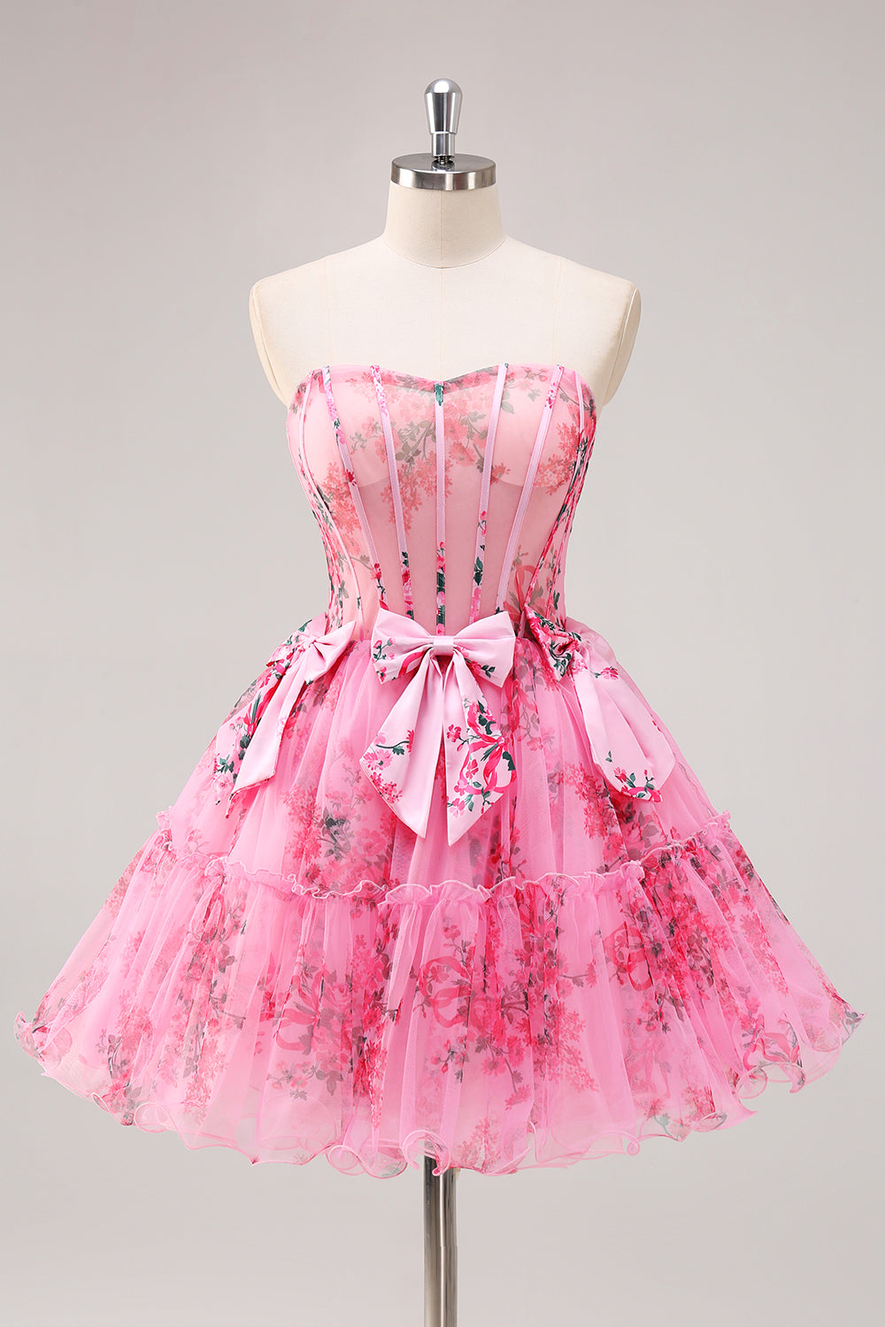 Strapless Pink Corset Floral A-Line Homecoming Dress With Bows