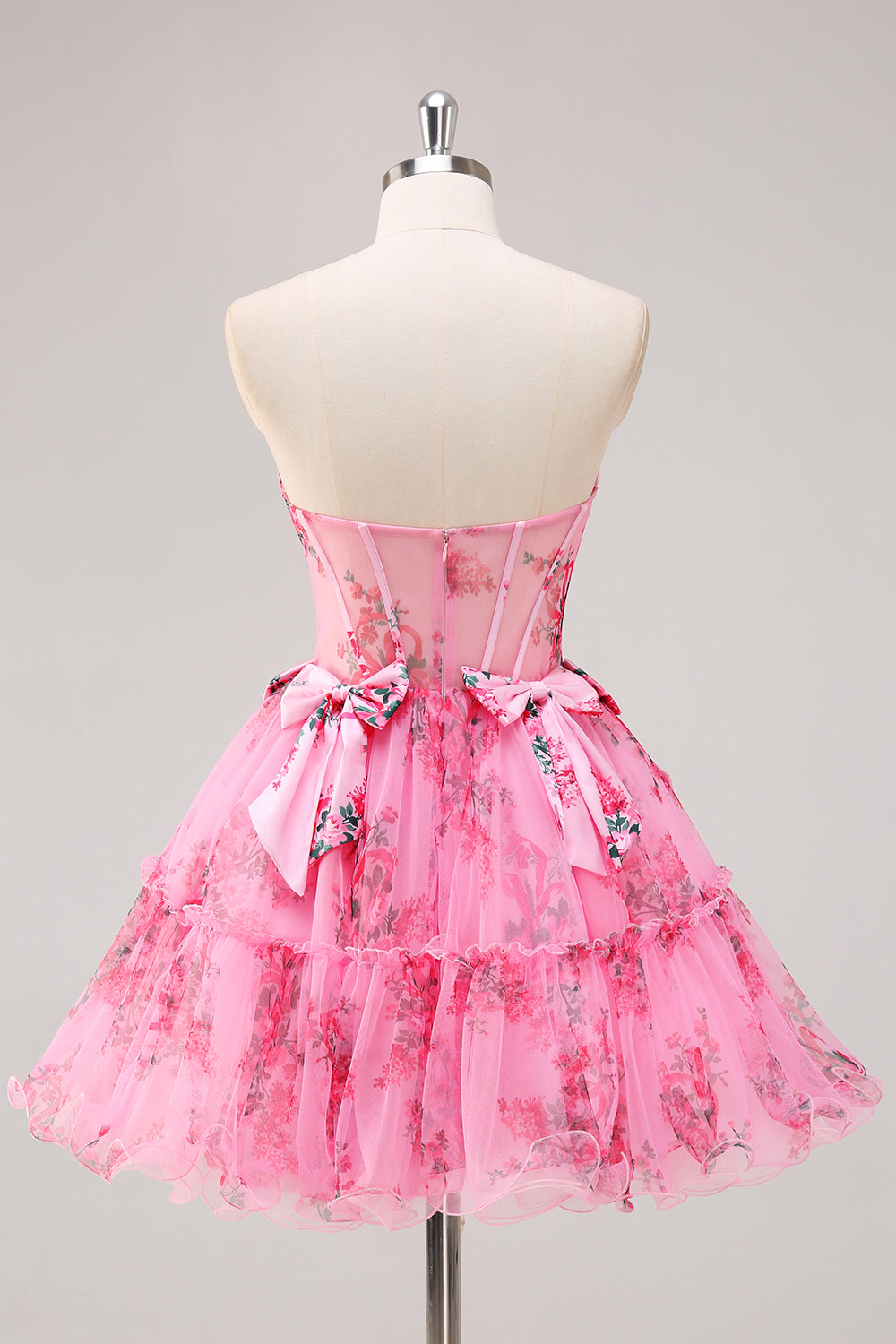 Strapless Pink Corset Floral A-Line Homecoming Dress With Bows