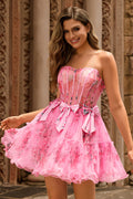 Strapless Pink Corset Floral A-Line Homecoming Dress With Bows