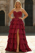 Strapless Tiered Burgundy Corset Plus Size Prom Dress