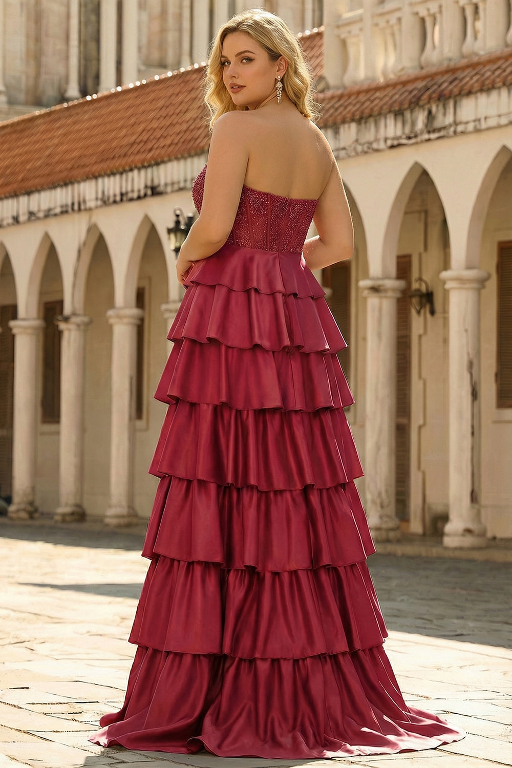 Strapless Tiered Burgundy Corset Plus Size Prom Dress
