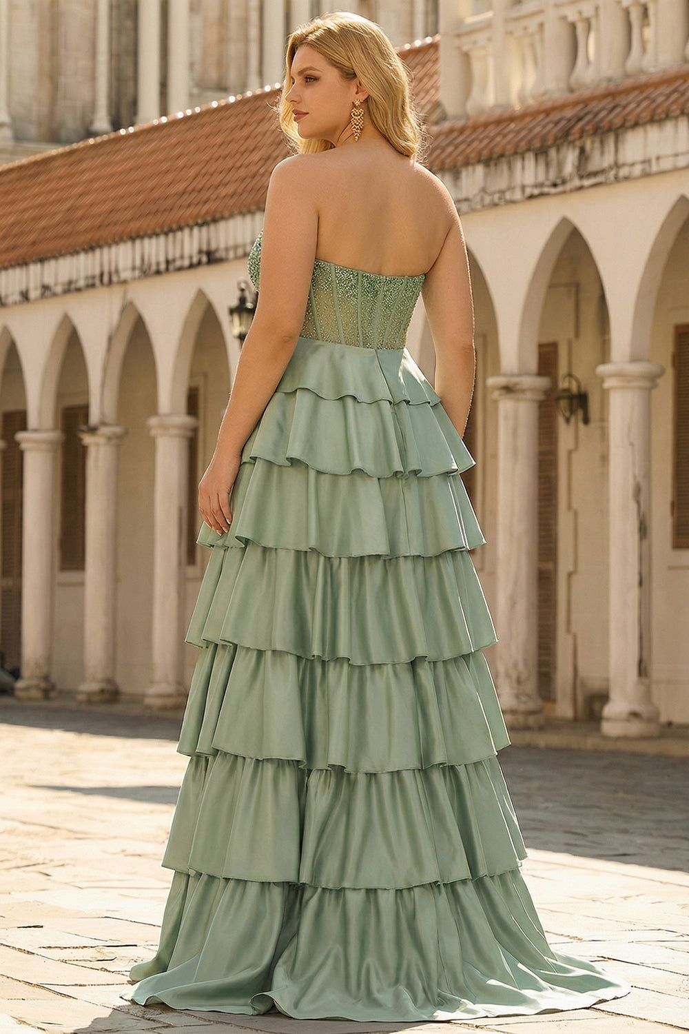 Strapless Tiered Burgundy Corset Plus Size Prom Dress