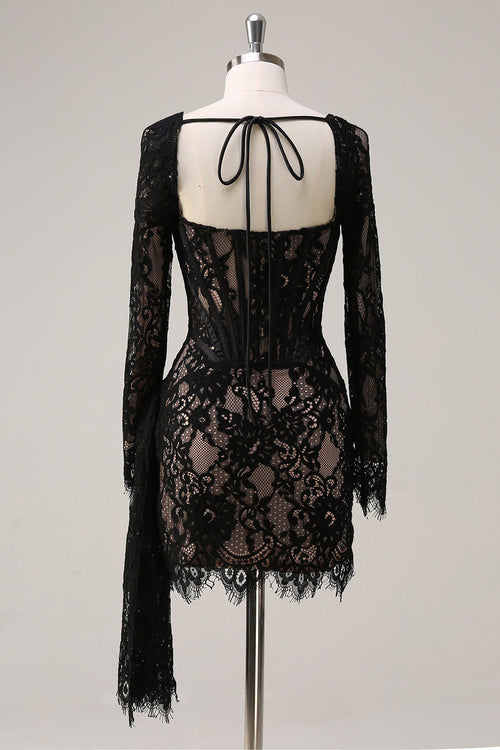 Black Corset Lace Mini Dress with Long Sleeves