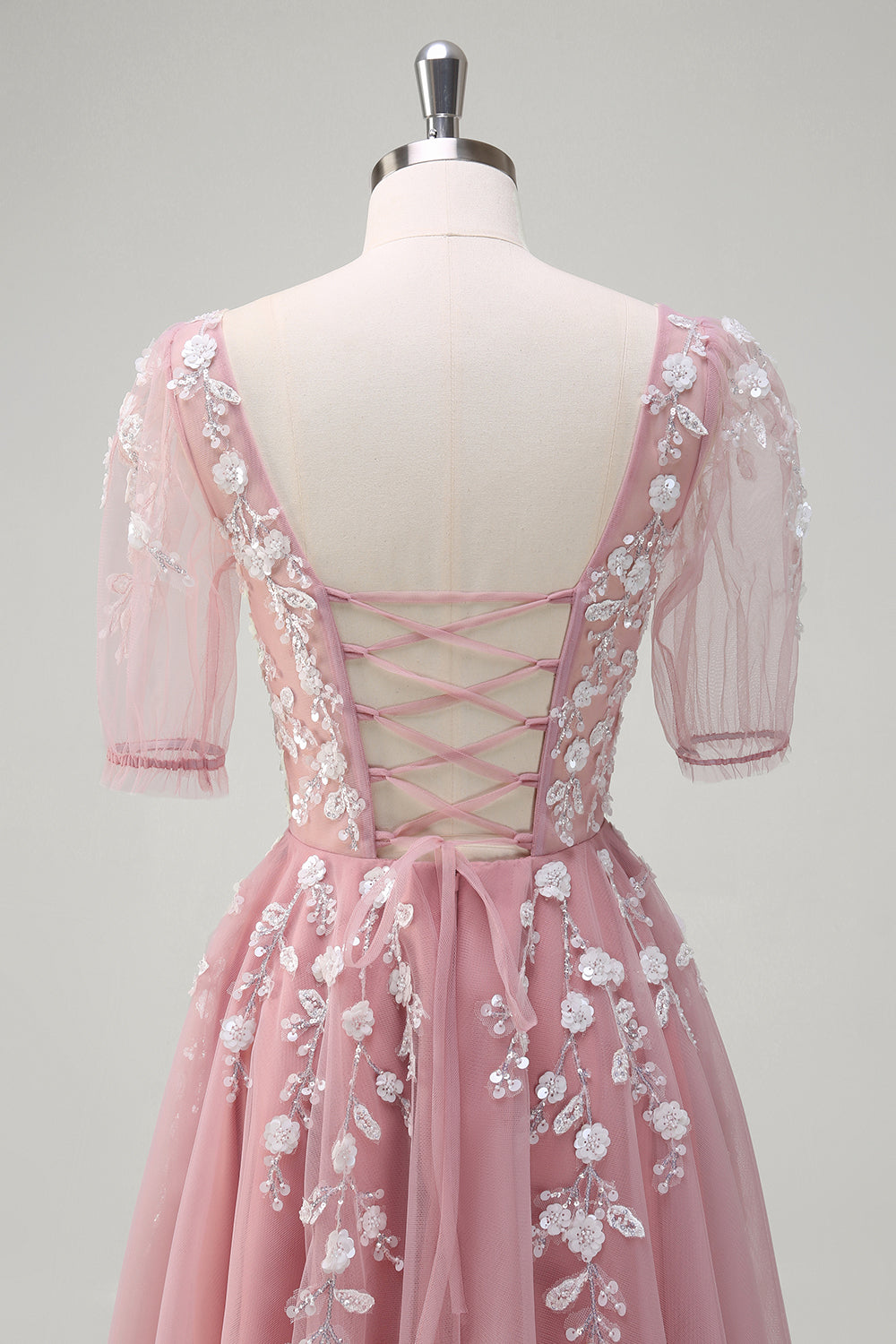 A Line V Neck Sequined Appliqued Tulle Blush Prom Dress with Short Sleeves