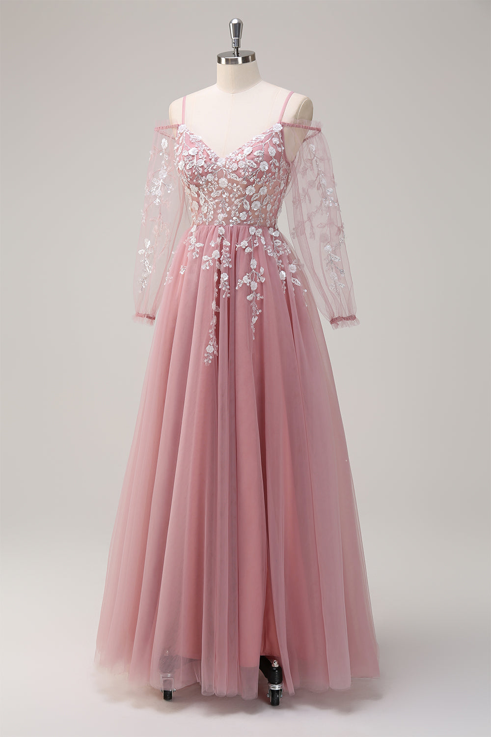 Blush A Line Tulle Appliqued Spaghetti Straps Slit Prom Dress with Long Sleeves