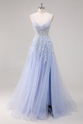 Lavender A Line Tulle Long Prom Dress with Slit