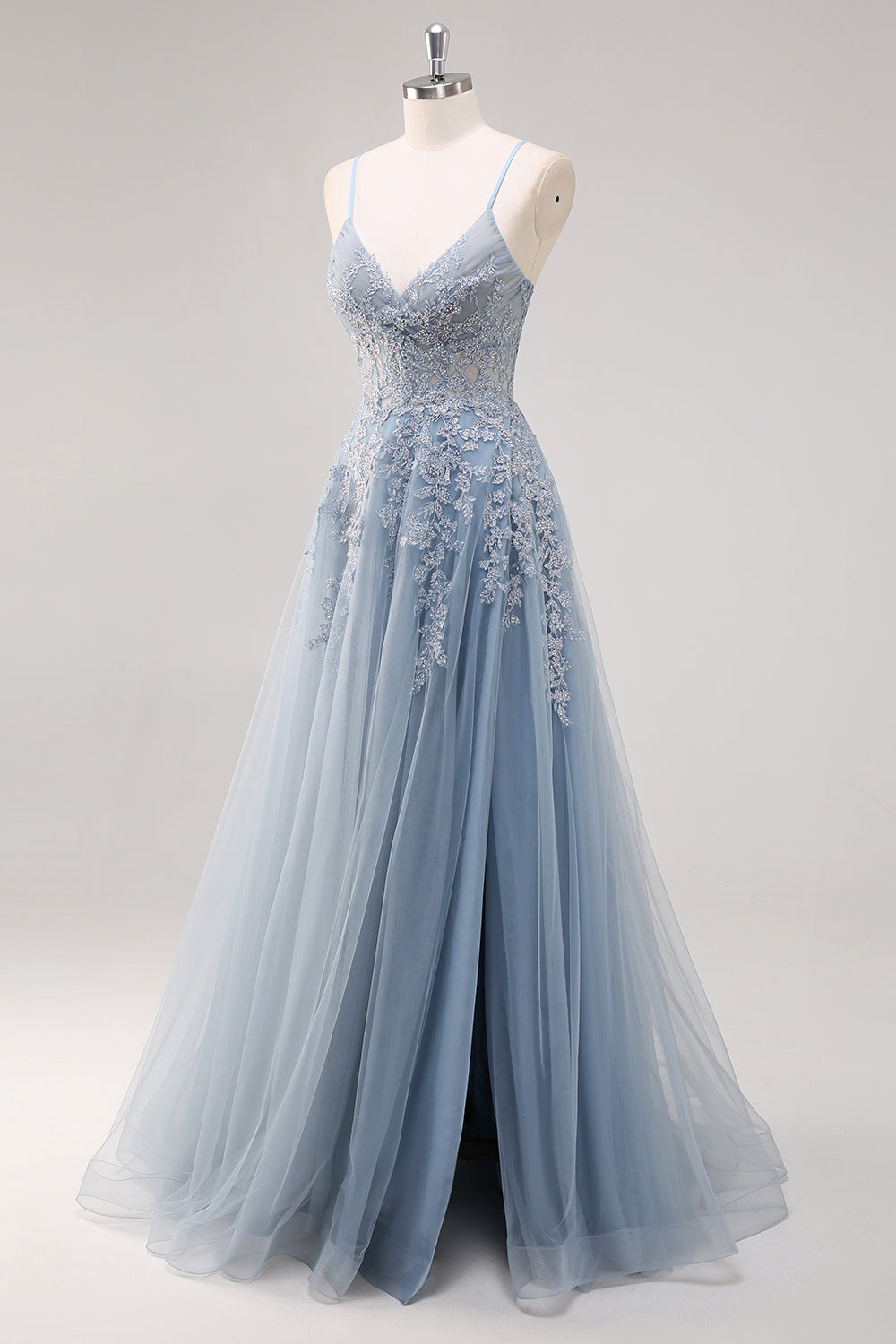 Lavender A Line Tulle Long Prom Dress with Slit