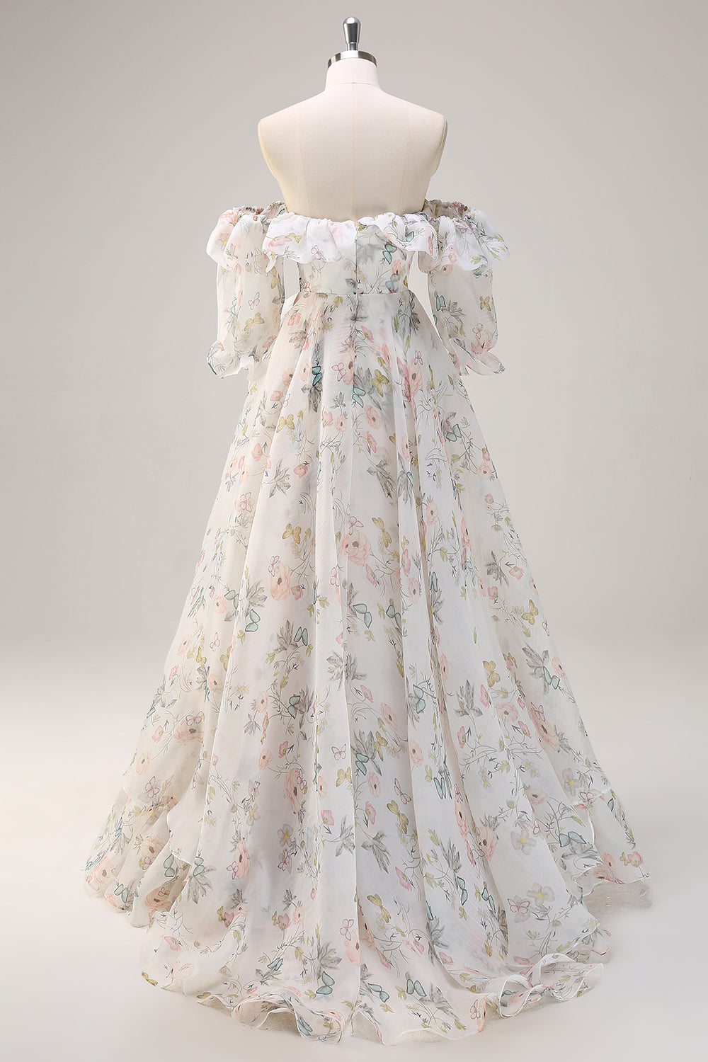 A Line Off the Shoulder White Floral Prom Dress with Ruffled Slit