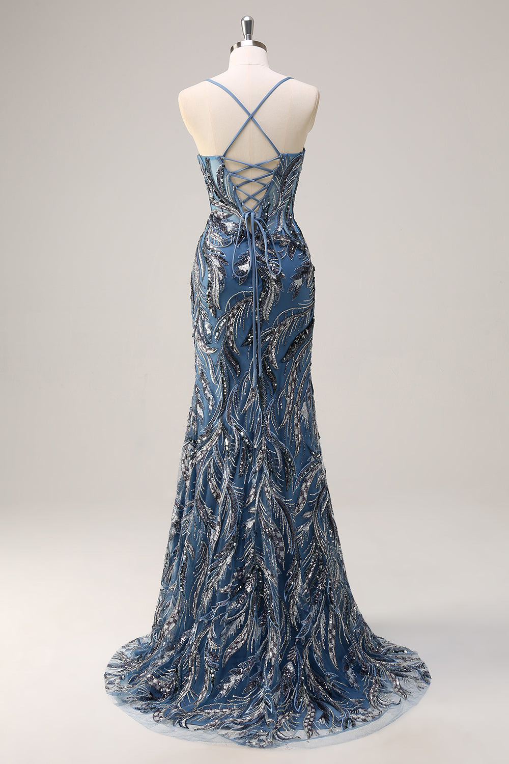 Beaded Mermaid Lace-up Back Sage Prom Dress with Slit