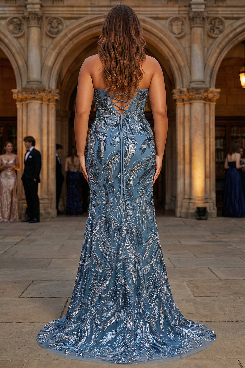 Blue Plus Size Mermaid Sequin Lace Up Back Prom Dress