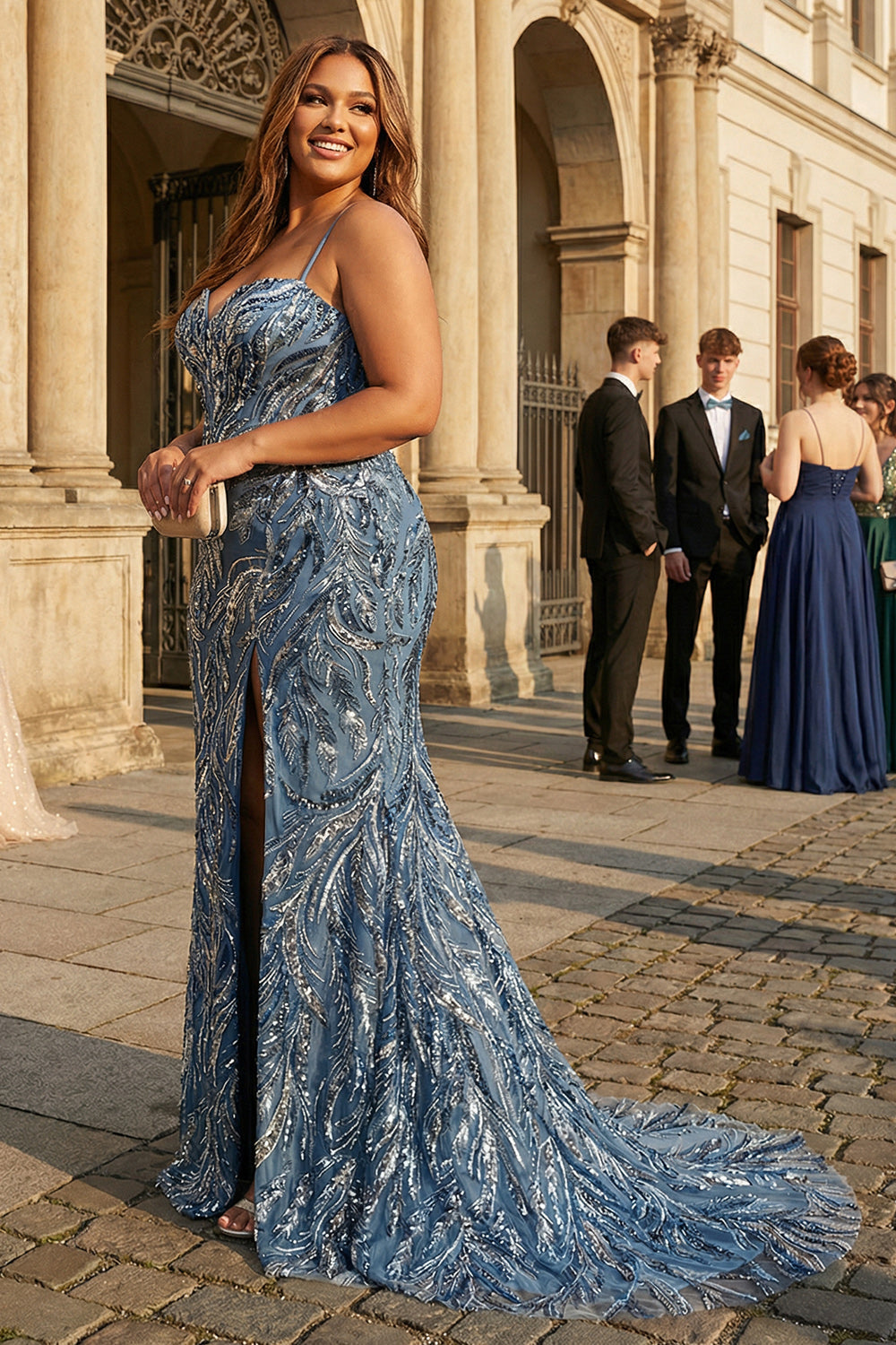 Blue Plus Size Mermaid Sequin Lace Up Back Prom Dress