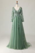 Sage A Line Long Sleeve Prom Dress with Appliques