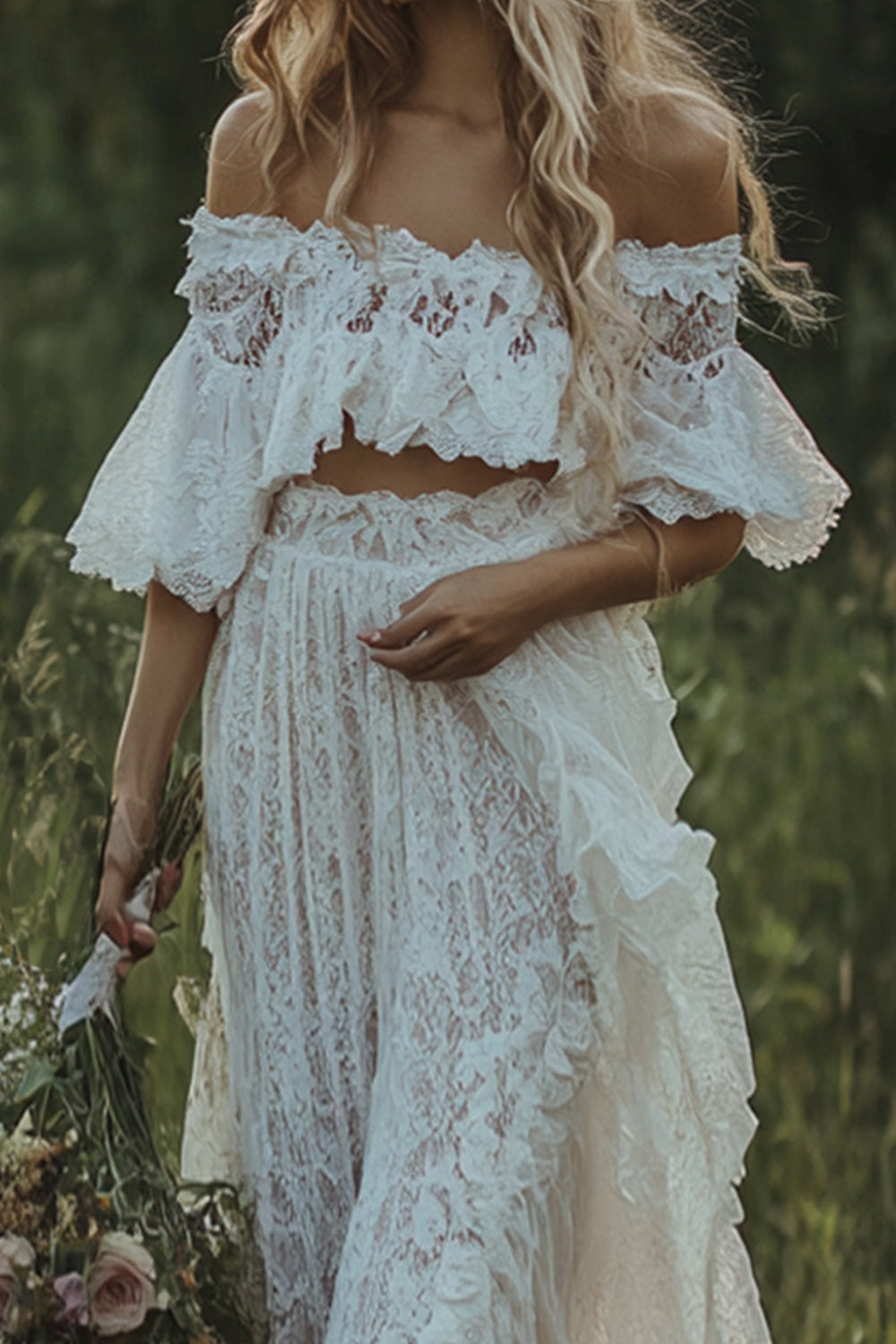 Ivory Off the Shoulder 2 Piece Lace Boho Wedding Dress