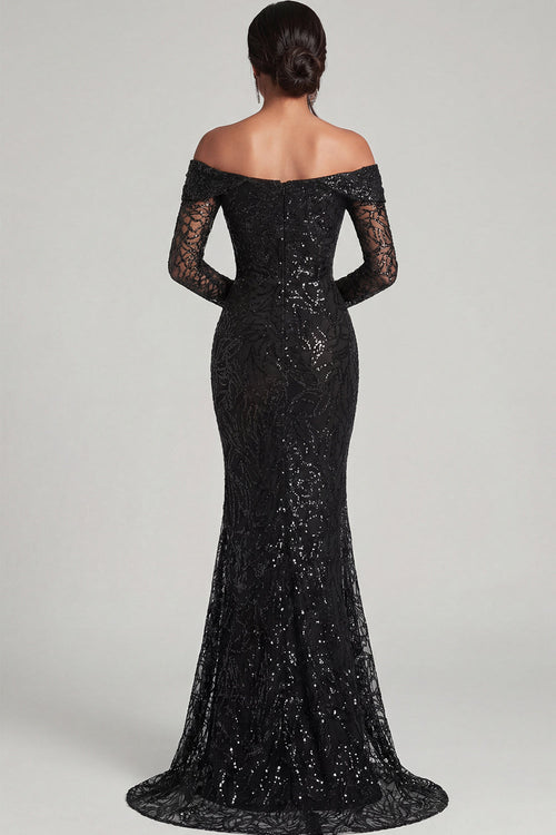 Black Sheath Off The Shoulder Mesh And Lace Formal Dress