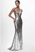 Sequined Silver V Neck Mermaid Formal Dress