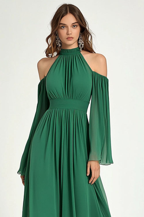 Chiffon A Line Cold Shoulder Long Sleeve Green Formal Dress