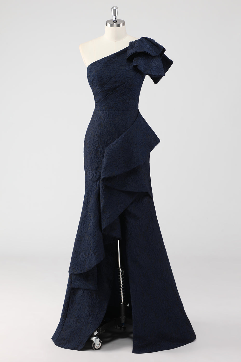 Navy Satin Jacquard One Shoulder Ruffle Mermaid Formal Dress