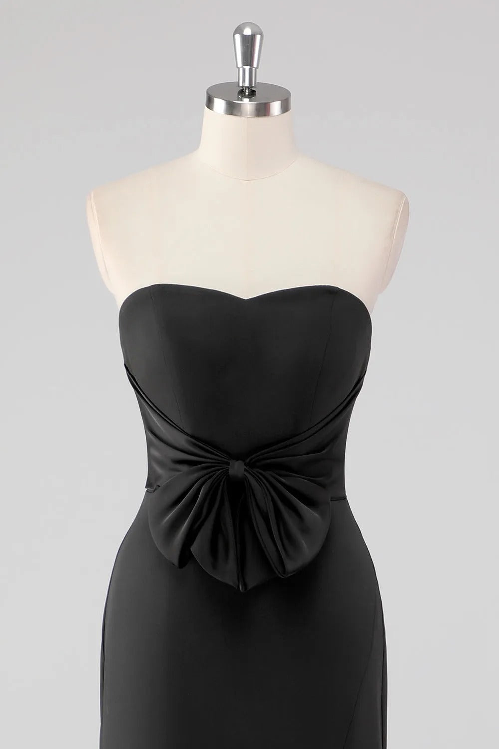 Strapless Bow Satin Mermaid Black Tie Dress with Slit