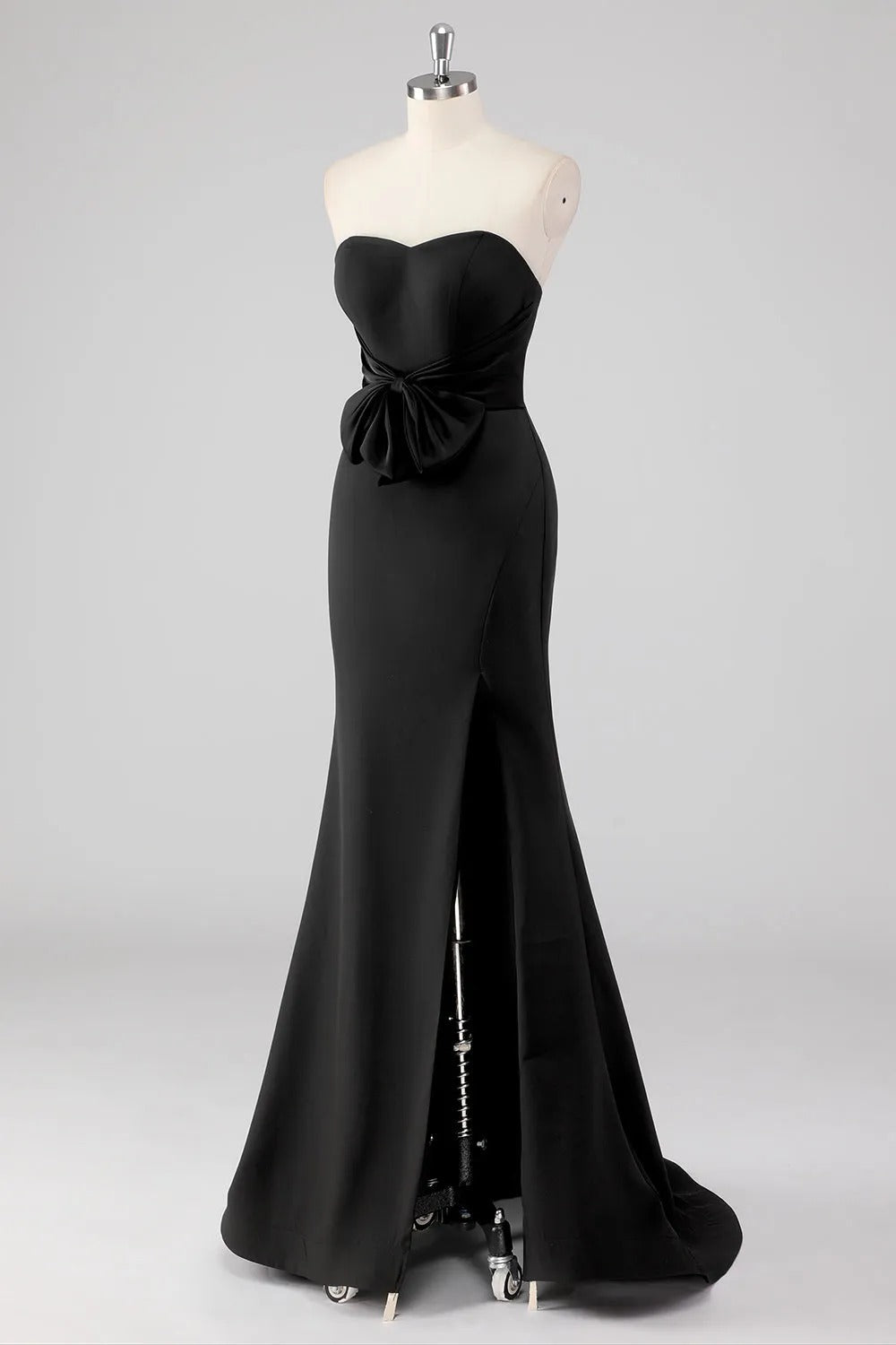 Strapless Bow Satin Mermaid Black Tie Dress with Slit