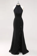 Halter Ruffle Mermaid Black Tie Dress with Slit