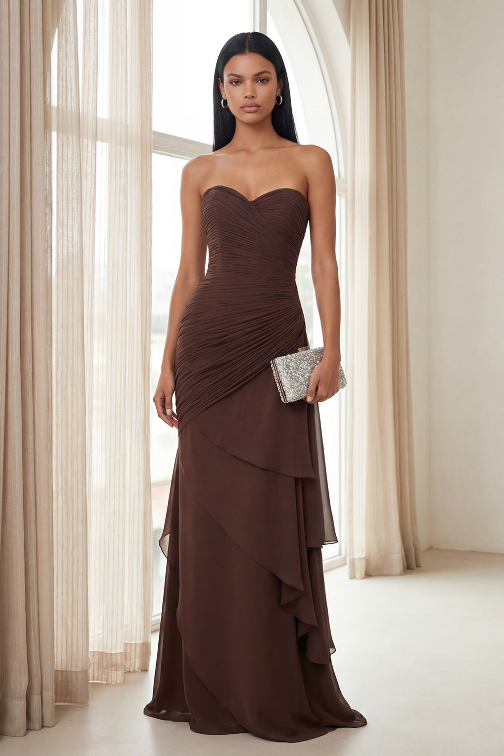 Dark Brown Mermaid Sweetheart Ruched Maxi Formal Dress