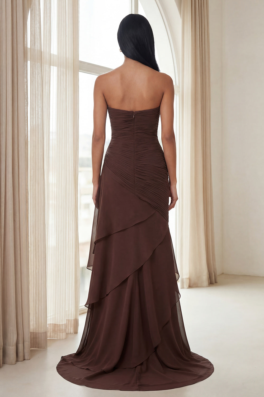 Dark Brown Mermaid Sweetheart Ruched Maxi Formal Dress