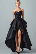 Sparkly Black Hi-Low A-Line Strapless 3D Flowers Ruffle Satin Formal Dress