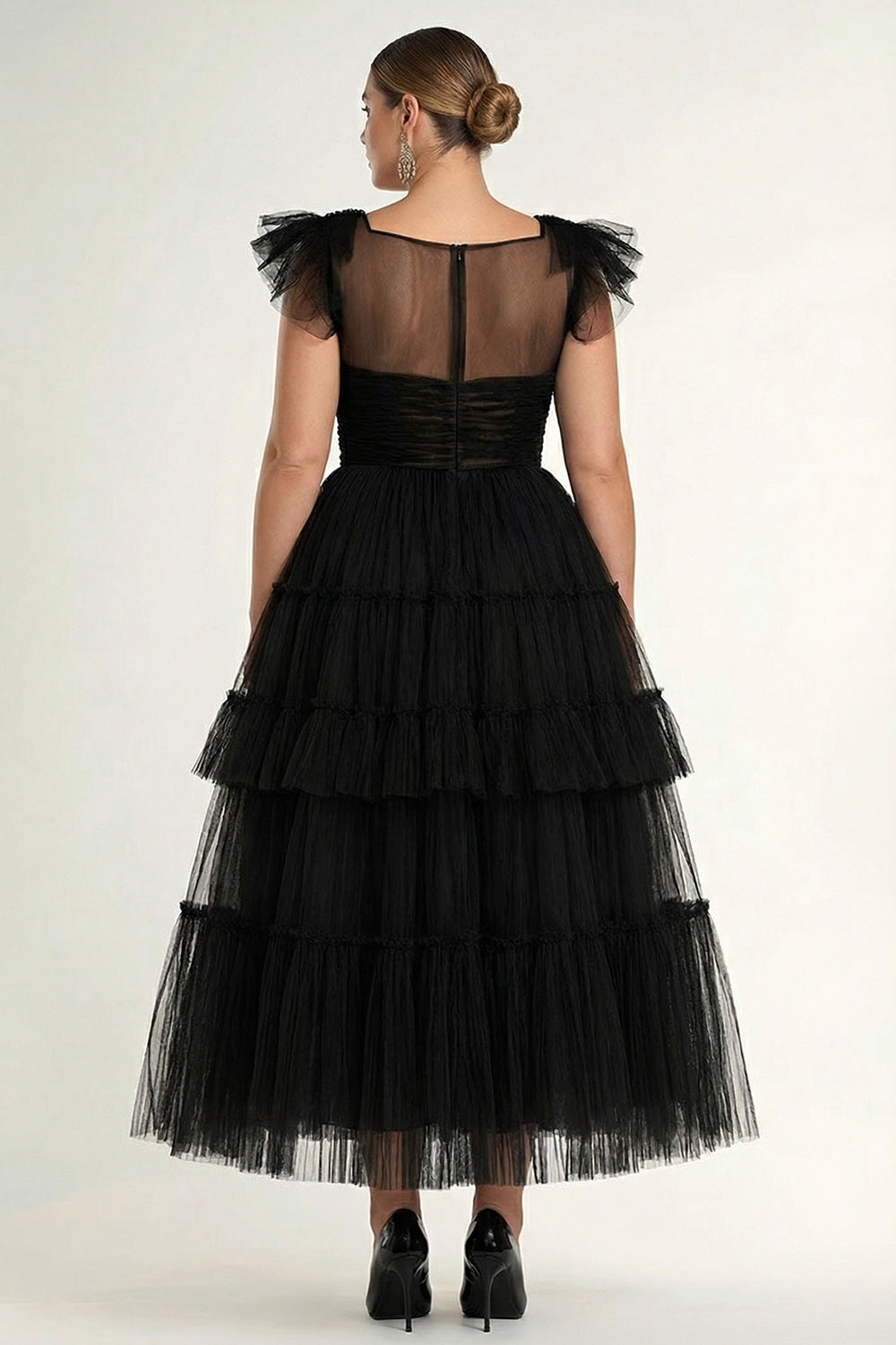 Black A Line Plus Size Tulle Formal Dress with Ruffles