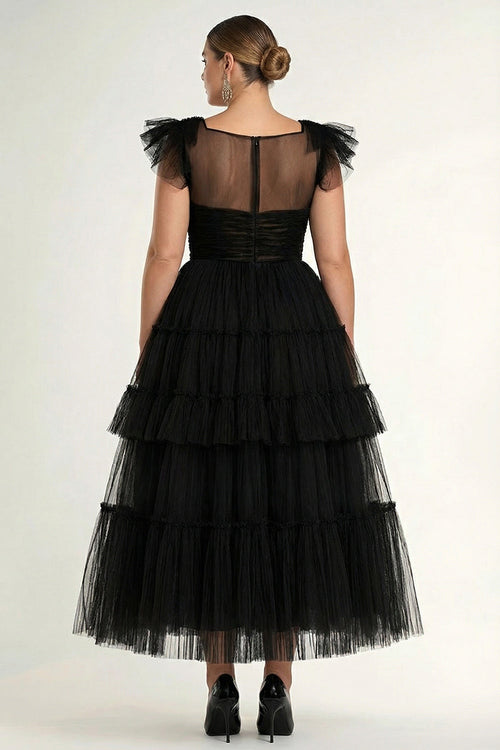 Black A Line Plus Size Tulle Formal Dress with Ruffles