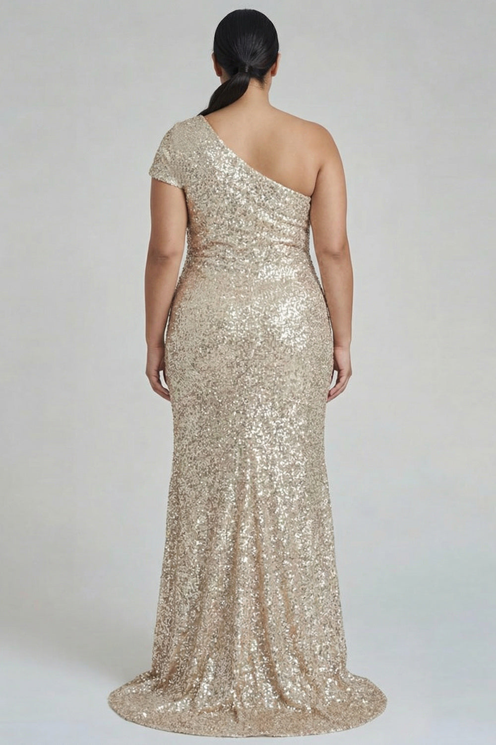 Sparkly Champagne One Shoulder Plus Size Formal Dress