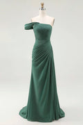 One Shoulder Sheath Pleated Dark Green Long Formal Dress