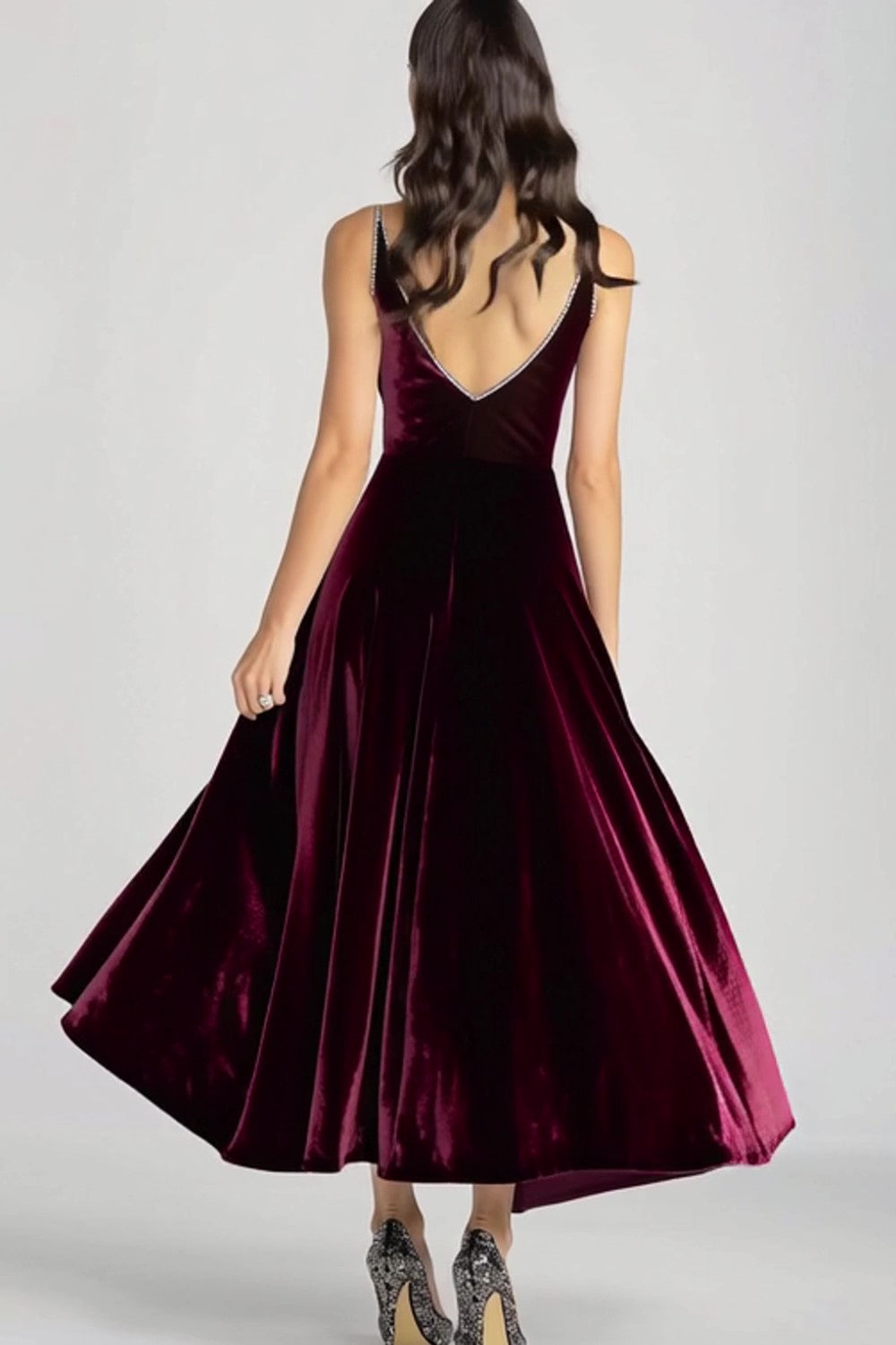 Velvet Beaded V Neck Tea-Length Burgundy Formal Dress