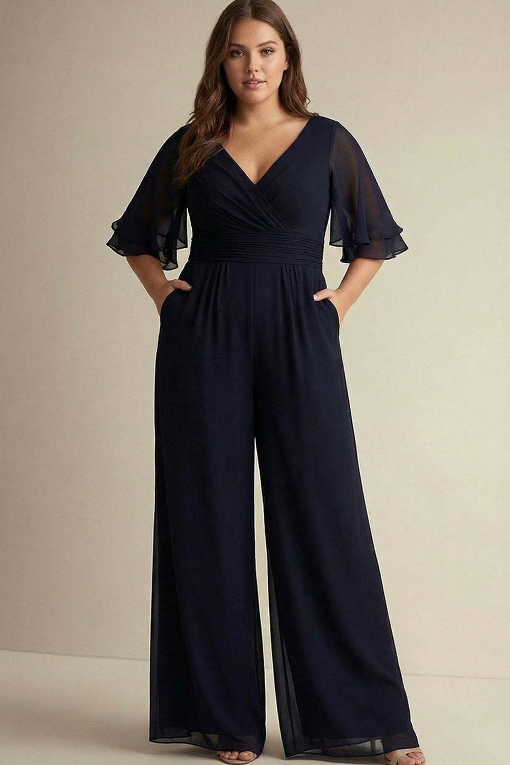 Navy Short Sleeve Plus Size Mother of the Bride Jumpsuit